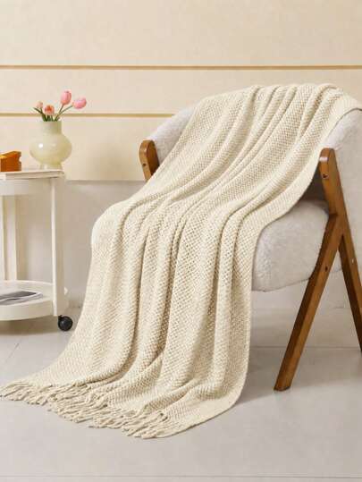 1pc Knitted Throw Blanket With Tassel Fringe For Sofa, Bed, Couch And Chair