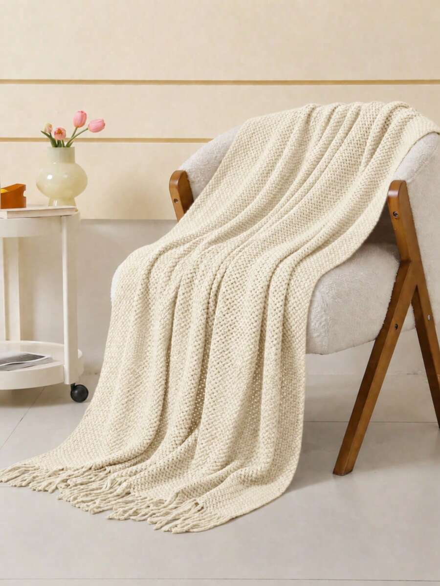 1pc Knitted Throw Blanket With Tassel Fringe For Sofa, Bed, Couch And Chair - Beige - View 1