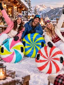 1pc 82cm Colorful Striped Inflatable Snow Tube, Dual Handle Round Snow Sled, Bright Candy Swirl Pattern Inflatable Sled, Portable Winter Outdoor, Suitable For Ski Resort, Snow Entertainment, Family Winter Activities, Christmas Gift, Holiday Essential, Fitness Equipment, Snow Sled, Outdoor - Striped Snow Tube - View 4