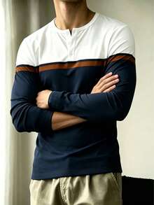 Men's Colorblock Patchwork Printed Business Henley Collar Long Sleeve T-Shirt Top - Multicolor - View 4