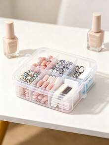1pc Multi-Layer Divided Transparent Plastic Storage Box With Handle, Thickened Transparent Material, Multi-Compartment Classification Storage, Flip Lid With Snap Seal Dust-Proof, Stackable Space-Saving Design, Portable Handle For Easy Movement, Suitable For Storing Hair Ties, Hair Clips, Jewelry, Cosmetics, Handmade Beads Accessories, Ideal For Vanity, Desk, Bedroom Use, Multi-Functional Home Storage Box, Desktop Organizer, Beauty Accessories Classification Storage Box, Handmade Small Items Storage Box, Home Desktop Tidy Storage Solution - Clear - View 5