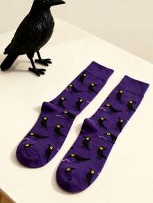 1 Pair Purple Crow Cartoon Jacquard Women's Mid-Calf Socks, Personalized Dark Style Fun Mid-Calf Socks, Halloween Outfit Socks - Multicolor - View 4
