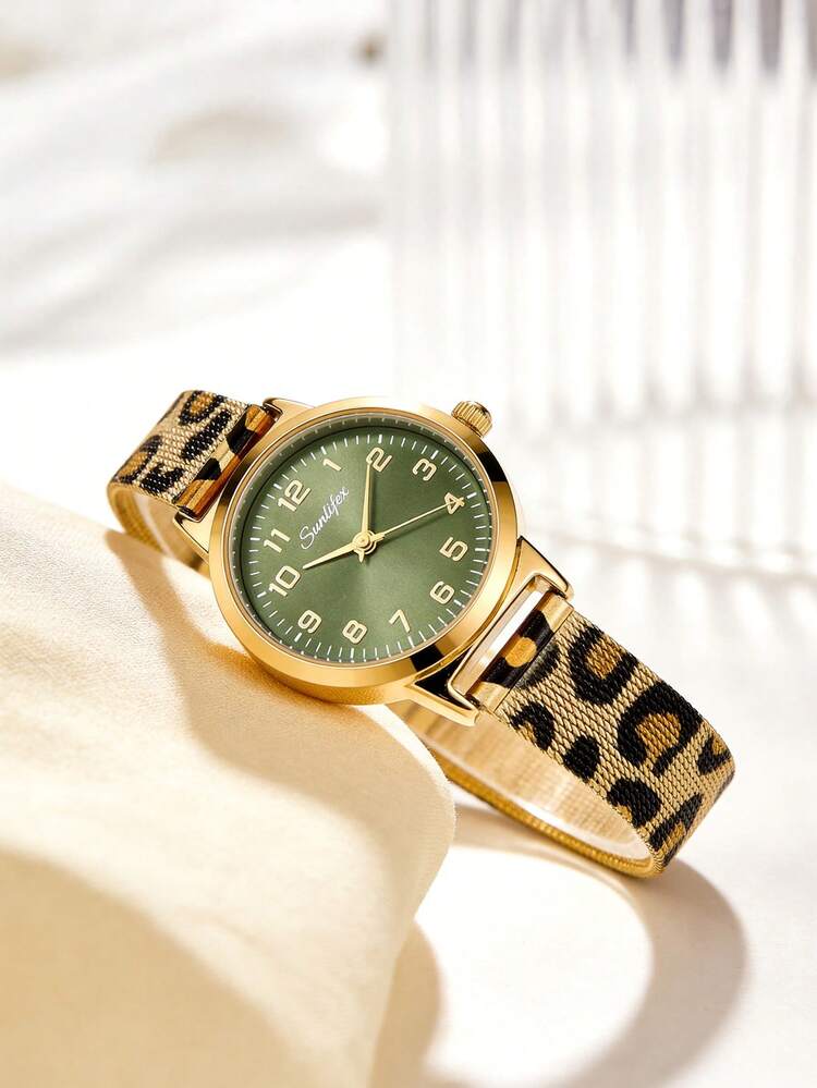 SUNLIFEX 1pc Ladies' Round Retro Style Quartz Watch, Gold Alloy Case, Green Digital Dial, Leopard Print Metal Mesh Strap Fashionable Watch - Green - View 3