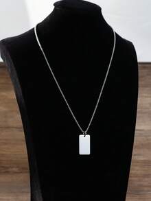 Minimalist Business Style Stainless Steel Necklace, Smooth Blank Rectangle Tag Pendant For Men, Daily Wear & Birthday Gift Jewelry - Silver - View 6