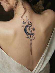 1pc Herbal Juice Semi-Permanent Magic Tattoo Sticker Moon Branch Leaf Star Butterfly Pattern Long-Lasting 14 Days No Fading No Reflection Arm Waist Belly Back Body Temporary Tattoo Sticker - Blue - View 4