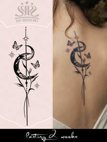 1pc Herbal Juice Semi-Permanent Magic Tattoo Sticker Moon Branch Leaf Star Butterfly Pattern Long-Lasting 14 Days No Fading No Reflection Arm Waist Belly Back Body Temporary Tattoo Sticker - Blue - View 1