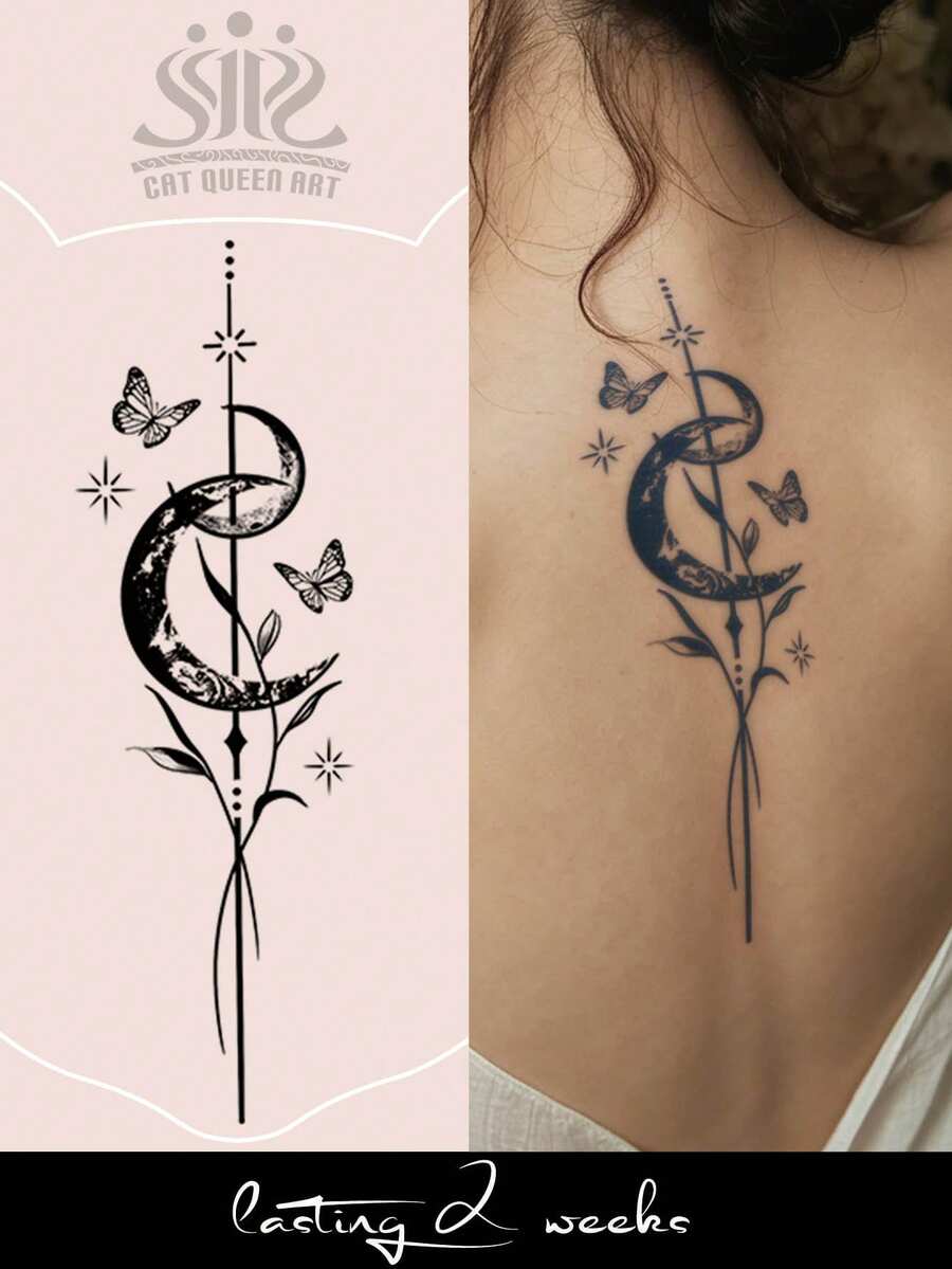 1pc Herbal Juice Semi-Permanent Magic Tattoo Sticker Moon Branch Leaf Star Butterfly Pattern Long-Lasting 14 Days No Fading No Reflection Arm Waist Belly Back Body Temporary Tattoo Sticker - Blue - View 1