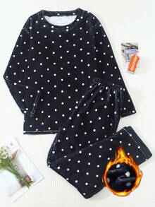 2pcs Women's Winter Polka Dot Print Thermal Lined Thick Crew Neck Long Sleeve Pants Soft Comfortable Pajama Set Homewear - Black - View 1