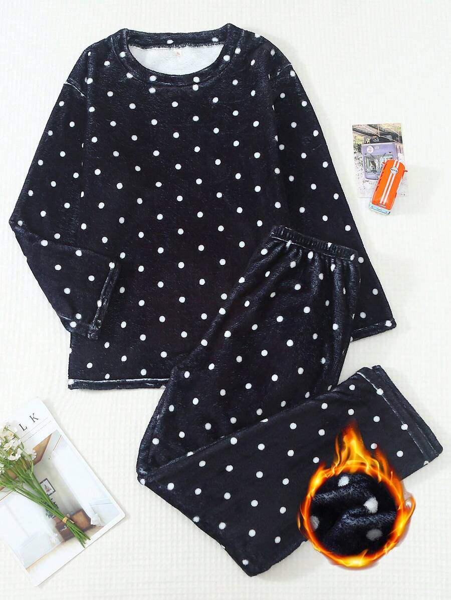 2pcs Women's Winter Polka Dot Print Thermal Lined Thick Crew Neck Long Sleeve Pants Soft Comfortable Pajama Set Homewear - Black - View 1