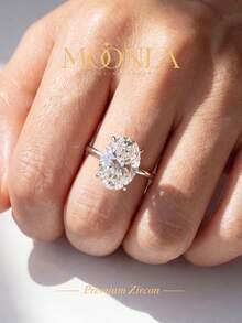 1pc Elegant 1ct-8ct 4-Prong Set Unique Oval Zirconia Ring, Single Diamond Engagement Ring, Women's Jewelry Gift, Engagement Gift - Silver - View 9