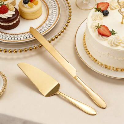 2pcs Wedding Cake Cutting Set, Includes Stainless Steel Cake Knife And Cake Server, Thickened Stainless Steel Material, Rounded Edges, Ergonomic Handle, Suitable For Wedding, Birthday, Party, Anniversary, Celebration Occasions, Christmas Gift, National Day Gift - Baking, Kitchen Supplies