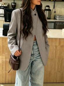 Women's Spring Autumn Winter Blazer, Elegant Commute Vintage Stand Collar Asymmetric Front Closure Minimalist Solid Color Loose Fit Jacket, Suitable For Daily Outings, Business, Workplace, Office Wear - Brown - View 2