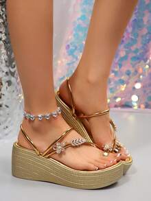 Women's Gold Metal Buckle Decor Wedge Platform Sandals, Waterproof Toe-Clip Flip Flops, Beach Holiday Daily Wear Height-Increasing Thong Slippers - Gold - View 7