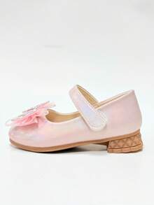 1 Pair Girls' Gentle Nude Pink Princess Shoes, Hook And Loop Mesh Rhinestone Bow Mary Jane Shoes, Versatile For Birthday, Party, Performance - Pink - View 3