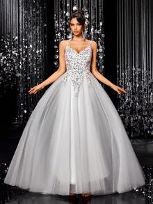 Elegant White Sequin Decorated V-Neck A-Line Evening Gown, Suitable For Weddings, Parties, Christmas, New Year And More - White - View 5