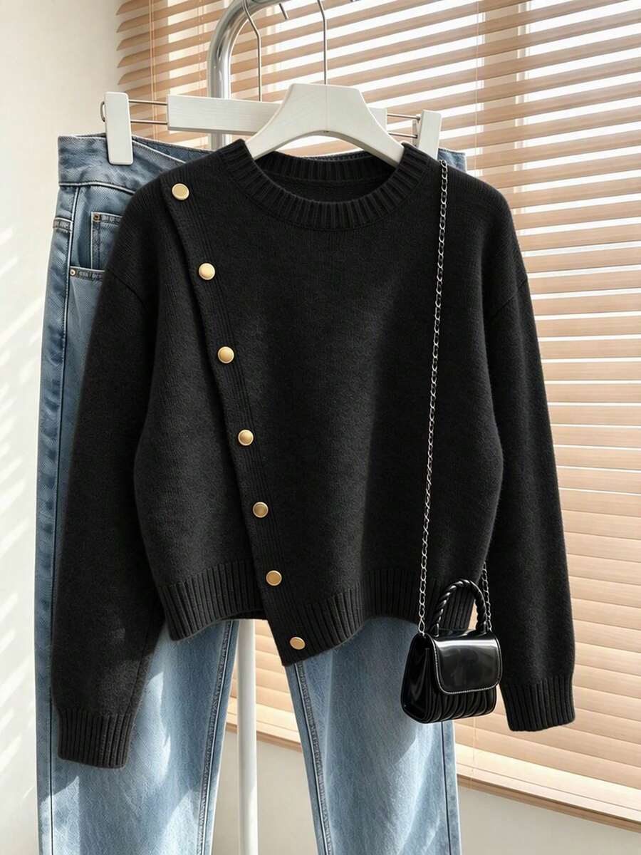 Elegant Women's Grey Long Sleeve Sweater, Rib-Knit With Stylish Asymmetrical Design And Gold Button Embellishments For Fall Winter - Black - View 1