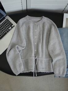 Women's Autumn/Winter Raglan Long Sleeve Waist Tie Casual Knit Cardigan - Grey - View 5
