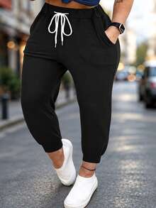 Plus Size Women's Solid Color Drawstring Waist Jogger Pants Casual Black Spring - Black - View 2