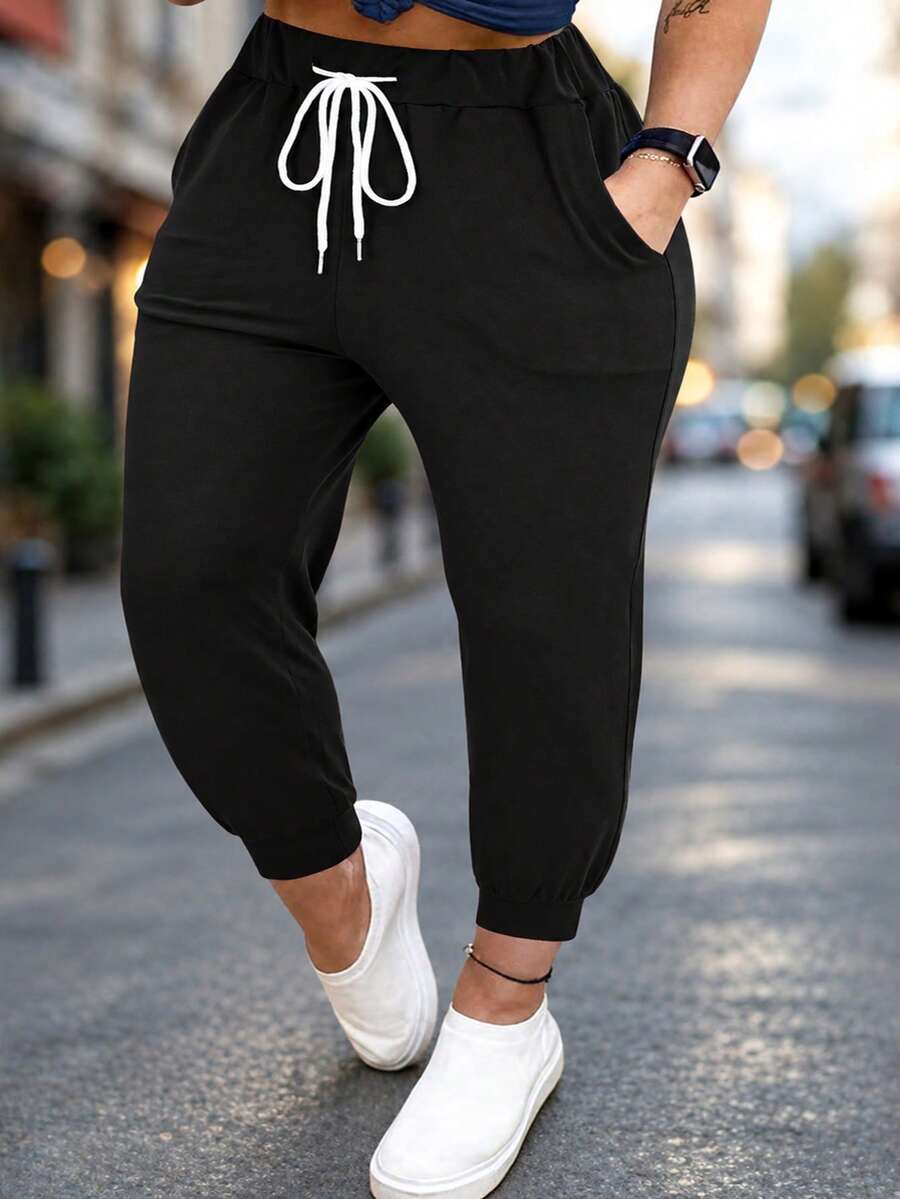 Plus Size Women's Solid Color Drawstring Waist Jogger Pants Casual Black Spring
