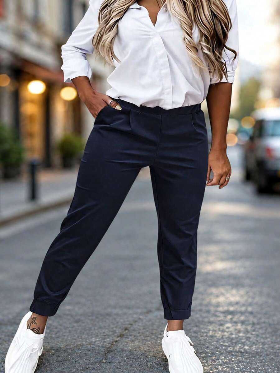 New Arrival Fashion Plus Size Women's All-Season Versatile Cuffed Casual Long Pants - Navy - View 1