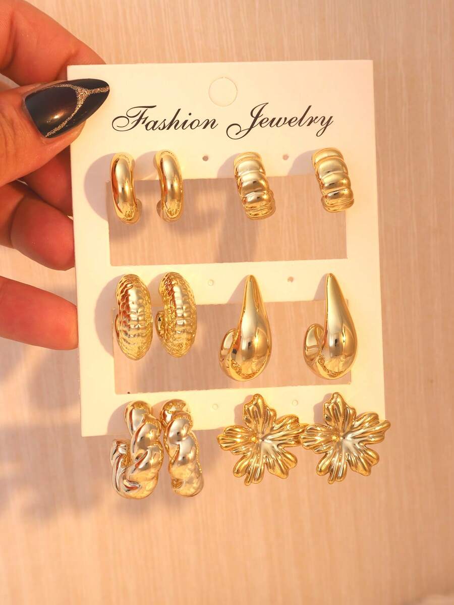 2-12pcs/Set, Multi-Style Personalized Gold Multi-Element Earring Set, Suitable For Daily Wear, Party, Gift - Gold - View 1