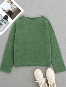 Plus Size Women's Knit Sweater, Soft Comfortable Mid-Stretch Crew Neck Pullover Long Sleeve Knit Top - Green - View 3