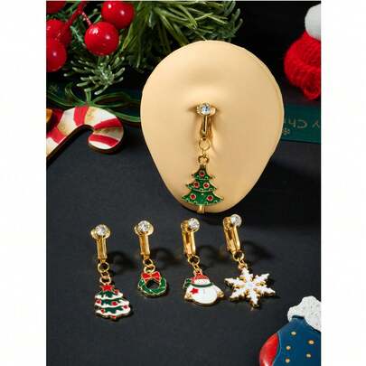 CIZME 1pc Cute Christmas Fake Belly Ring For Women,Santa Claus Hat,Christmas Tree Non Piercing Belly Button Rings Fake Navel Rings For Christmas Party Gift