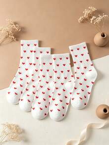 5 Pairs Sweet Red Heart All-Over Print Mid-Calf Socks, Simple White Heart Pattern Student Socks, Versatile Daily Wear Girls Socks - White - View 2
