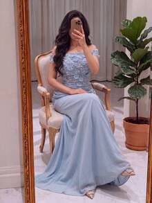 Women's Romantic Light Blue Chiffon Cold Shoulder Long Formal Mermaid Dress, Decorated With Exquisite 3D Floral Chest Embellishment And Lace-Up Back - Baby Blue - View 4