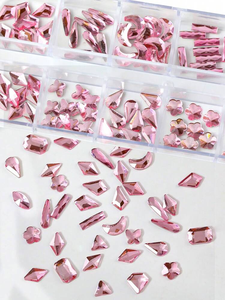 12 Grids Pink Irregular Flat Back Nail Rhinestones, Mixed Shapes & Sizes Shiny Pink Glass Crystal Gems, 3D Nail Art Charms For DIY Manicure & Handmade Jewelry Making, Nail Decor Accessories For Women & Girls - Pink - View 5