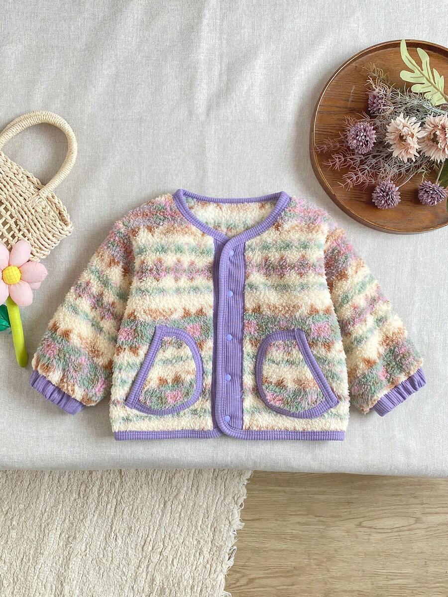 Baby Girl Vintage Tie-Dye Plush Cardigan, Colorblock Ribbed Trim Single-Breasted Pocket Warm Autumn/Winter Jacket - Purple - View 1