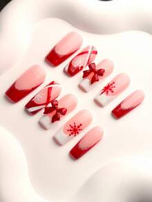 10Pcs Handmade False Nails,Press On Nails Handmade,Nails Acrylic Press On,Christmas Red 3D Bow Snowflake Glitter French Square Style,Removable Reusable Fake Nail Tips,For Women Autumn Winter Xmas Holiday Party Dating Wear - Red - View 4