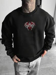 DOPE | High Street Style Black Gothic Print Sweatshirt, Back Large Wing & Heart Design, Oversized Drop Shoulder Casual Long Sleeve Top - Black - View 6