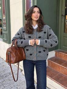 Cardigan Rajut Polkadot Leher Bulat Wanita, Sweater Kancing Nyaman, Cocok untuk Pakaian Musim Gugur/Musim Dingin, Thanksgiving, Halloween, Natal - Grey - View 8
