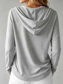 New Elegant Plus Size Women's Solid Color Button Hooded Drawstring Sweatshirt, Suitable For Daily Wear, Versatile Commute Long Sleeve Top - Light Grey - View 2