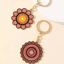 1Pc Circular Flower Alloy Keychain, Retro Pattern Bag Charm, Backpack Car Key Accessory, Daily Birthday Gift - Multicolor - View 2