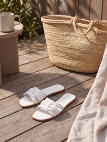 White Cutout Interwoven Slide Sandals For Women, Chic Square Open Toe Flat Slippers, Summer Beach Vacation Daily Casual Footwear - White - View 4