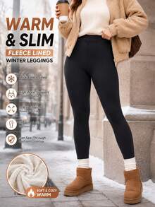 Women's Fleece Lined High Waist Tummy Control Warm Leggings, Elastic Slim Fit Autumn/Winter Daily Wear Pants - Black - View 1