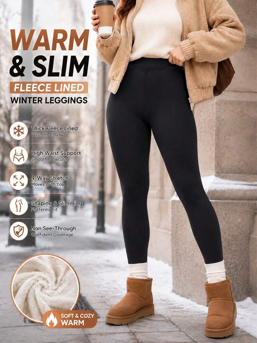 Women's Fleece Lined High Waist Tummy Control Warm Leggings, Elastic Slim Fit Autumn/Winter Daily Wear Pants - Black - View 1
