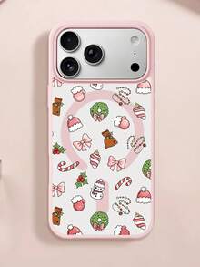 XUSTIO Christmas Snowman Santa Hat Bow Candy Cane Ribbon Magnetic Phone Case Full Coverage Shockproof Anti-Drop Couple Best Friend Style 2 Colors Available Compatible With Apple 11 12 13 14 15 16 17 18 Pro ProMax Plus Daily Commute Holiday Gift Highly Attractive Protective Cover - Pink - View 7