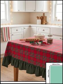 1pc Red & Green Classic Large Plaid Tablecloth, Traditional Country Style, Rectangular Green Leaf Edge With Pleated Details, Stain-Resistant Protective Table Cover, Functional Home Long Tablecloth Suitable For Christmas Family Gatherings And Winter Holiday Kitchen Decor - Red - View 11