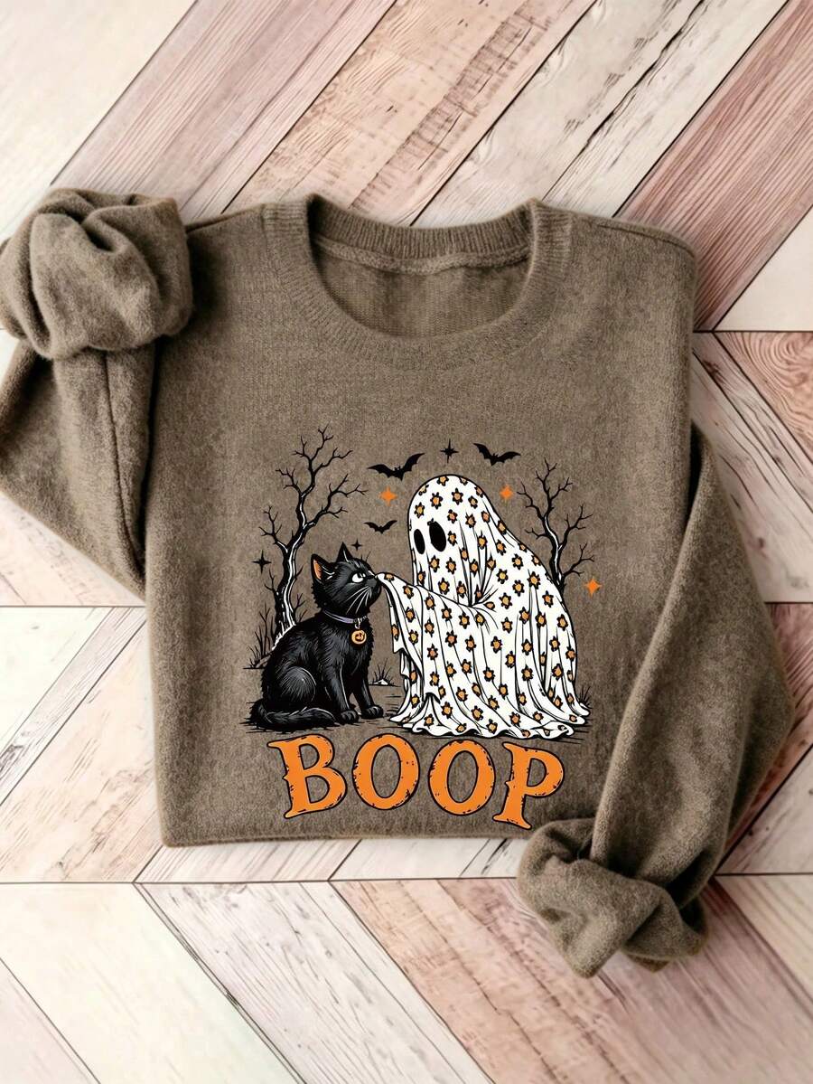 大尺碼女款萬聖節幽靈黑貓 BOOP 字母印花寬鬆圓領套頭毛衣 - 土灰色 - 查看 1
