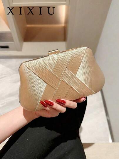 Elegant Champagne Metallic Satin Evening Clutch,Curved Hard Shell With Cross-Woven Stripes,Luxury Women Handbag,For Weddings,Banquets,Cocktail Parties