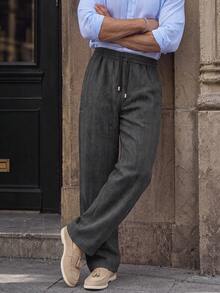 Men Fall Vintage Dark Grey Herringbone Wide Leg Pants, Elastic Waist Drawstring Relaxed Trousers With Pockets, Business Daily Holiday Bottoms - Dark Grey - View 4