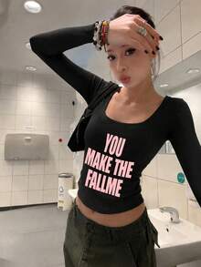 Kaos Wanita Lengan Pendek/Panjang Musim Semi/Gugur Terbaru Generasi Y2K Desain Seru Cetak Bahasa Inggris Gaya Korea Leher U Serbaguna Kasual Slim Fit - Hitam - View 2