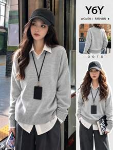 Y6Y Grey V-Neck Long Sleeve Women's 2026 New Autumn Slouchy Loose Knit Sweater - Grey - View 8