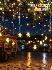 5.5M/9M Solar Ice Column Snowflake String Light, 97LED/160LED, 8 Flashing Modes, Outdoor Waterproof Fairy Light, Solar Curtain Light, Suitable For Gardens,Eaves,Weddings,Camping,Autumn,Home,Parties,Windows,Pavilions,Walls,Christmas,Holiday Decoration - Solar Powered Ice Column Snowflake Lamp - View 15
