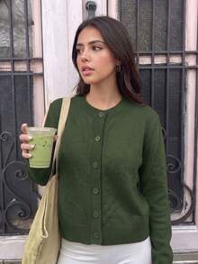 Women's Korean Style Minimalist Preppy Solid Color Round Neck Ribbed Front Button Casual Versatile Long Sleeve Cardigan - Dark Green - View 6