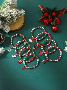 6pcs Christmas Red & Green Striped Soft Clay Elastic Bracelets With Random Christmas Metal Charms, Santa Claus, Christmas Tree, Holiday Accessories - Multicolor - View 9