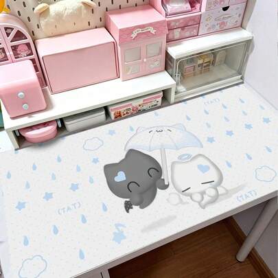 Süße Cartoon Engel Teufel Katze PU Leder Schreibtischunterlage, große wasserdichte rutschfeste Mausmatte, Regentropfen Stern Wolken Muster Tastatur Tisch Schutz für Zuhause Büro Gaming